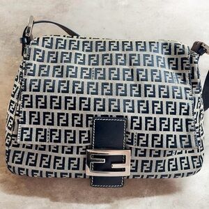 AUTH FENDI Mama Baguette Bag Zucchino Forever FF Logo Mania Navy Grey Silver